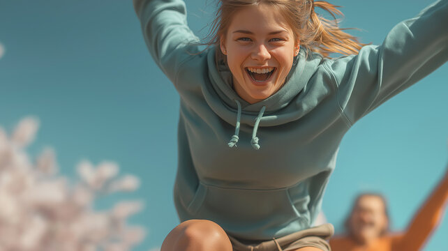 A cheerful teenager in a blue hoodie runs joyfully, enjoying time with friends in the warm sun Generative AI