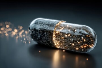Futuristic glowing capsule with circuit patterns and micro lights, symbolizing tech innovation