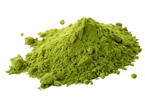 Green powder mound with granular texture, perfect for health food, beverage, or cosmetic uses showcasing natural organic ingredients.