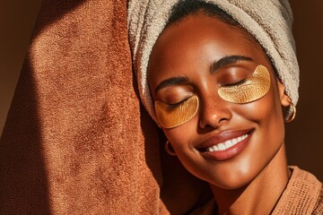 Relaxing spa moment with gold under-eye patches on a smiling African American woman