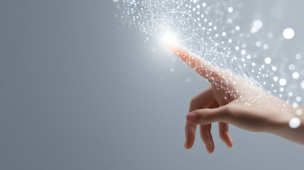 Human hand touching glowing digital network points interface 