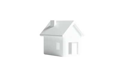 A 3D render of a simple white house against a stark black background