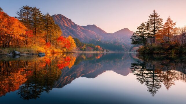 Autumnal landscape with colorful trees and mountains, reflecting in a calm lake at sunset.