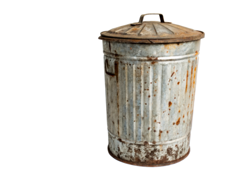 Old weathered metal trash can with lid, showing rust and patina, perfect for vintage decor or grunge aesthetic themes.