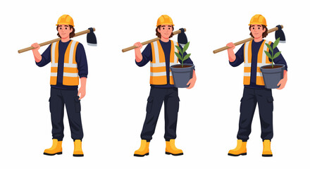 Obraz premium Three illustrations of a person in construction attire holding tools and plants, ready for work.