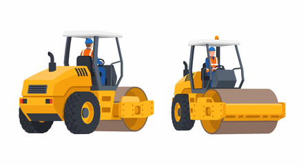 Fototapeta premium Two yellow road rollers with drivers in the cabs.
