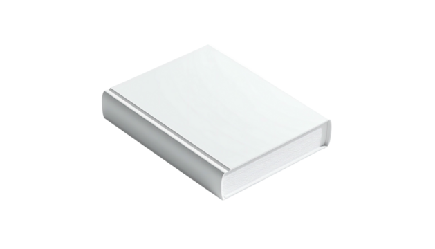 Isometric view of a closed, white book on a black background