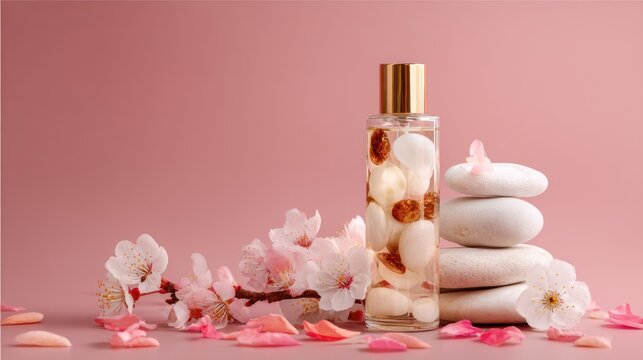 A perfume bottle with a golden cap and a clear glass bottle filled with white and brown crystals, surrounded by white stones and pink flowers on a pink background.