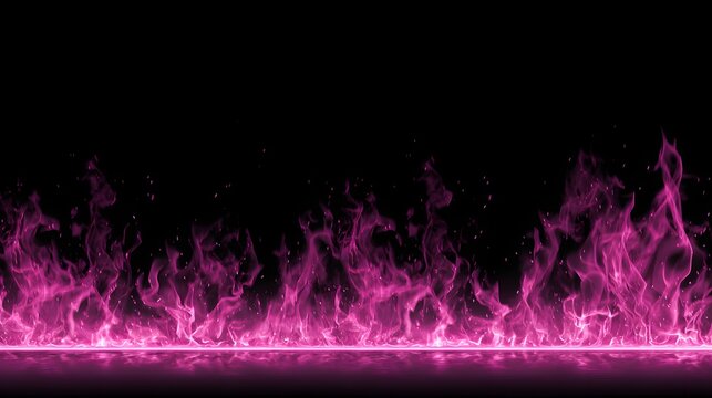 Vibrant magenta colored flames generate a line of intense heat across a dark reflective surface
