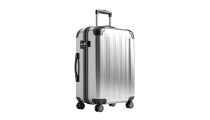 A sleek, modern, silver rolling suitcase isolated on a black background
