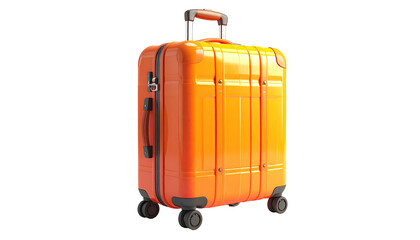 Shiny orange hard-shell suitcase with handle extended, isolated on black background