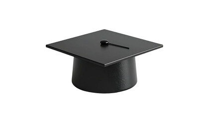 A 3D rendered image of a classic black graduation cap with a tassel