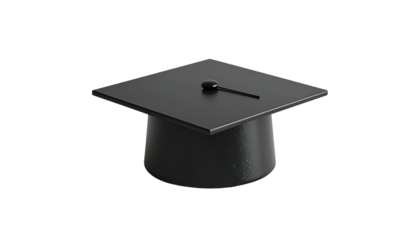 A 3D rendered image of a classic black graduation cap with a tassel