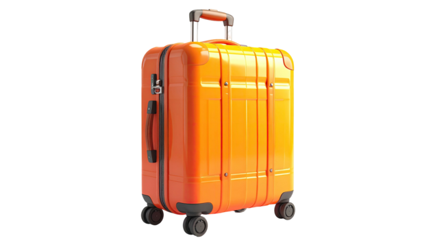 Shiny orange hard-shell suitcase with handle extended, isolated on black background