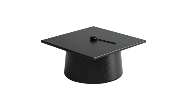 A 3D rendered image of a classic black graduation cap with a tassel