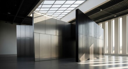 Modern architectural interior with dark paneled walls and dramatic sunlight from a large skylight.