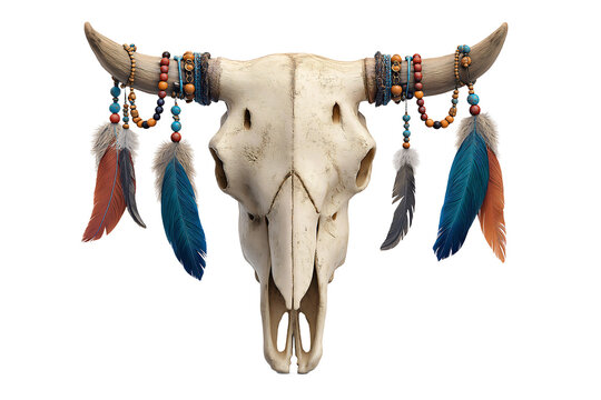Decorated cow skull with feathers and beads