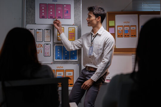 Designer presenting mobile application ux ui wireframes - Powered by Adobe