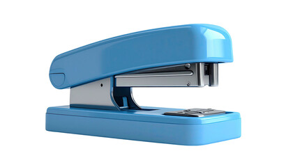 A close-up of a light blue stapler, silver metal, and a black background