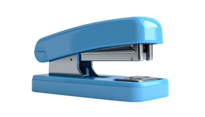A close-up of a light blue stapler, silver metal, and a black background