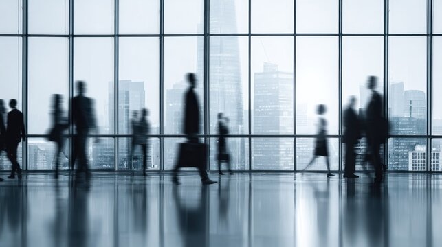 Silhouettes of business people walking in a modern office building with a city skyline visible through large windows.