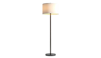 Simple floor lamp with a cylindrical shade glowing against a black backdrop