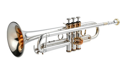 Obraz premium Gleaming silver and gold trumpet isolated on black, detailing valves and bell