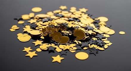 A pile of shiny gold and navy blue star and circle shaped confetti scattered on a dark surface