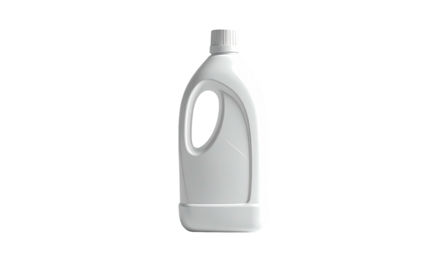 A white detergent bottle on a black background, with handle and cap