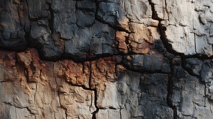 Fototapeta premium Rough, cracked wood surface displays contrasting shades of black, brown, and gray tones