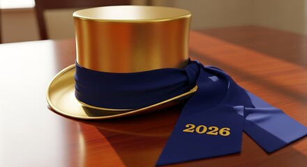 Golden top hat adorned with a navy blue ribbon featuring the year 2026