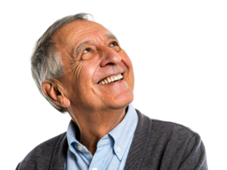 Elderly man with gray hair and wrinkles smiling and looking up, representing wisdom and optimism for concept marketing and communication applications.