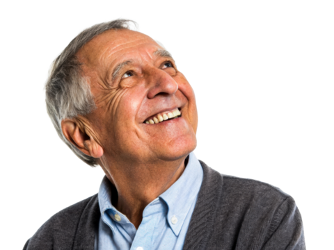 Elderly man with gray hair and wrinkles smiling and looking up, representing wisdom and optimism for concept marketing and communication applications.