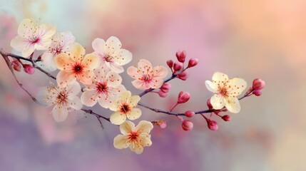 A delicate branch of cherry blossoms with pink and white flowers against a soft, blurred background.