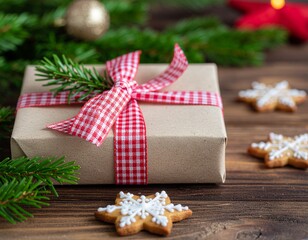 holiday featuring gifts, gingerbread cookies, ornaments, pine branches and ribbons, capturing a warm seasonal mood and the spirit of Christmas and New Year