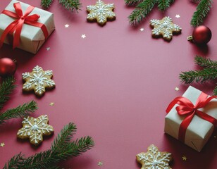holiday featuring gifts, gingerbread cookies, ornaments, pine branches and ribbons, capturing a warm seasonal mood and the spirit of Christmas and New Year