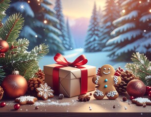 holiday featuring gifts, gingerbread cookies, ornaments, pine branches and ribbons, capturing a warm seasonal mood and the spirit of Christmas and New Year