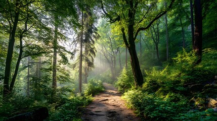 Fototapeta premium Sunlight streams through dense green foliage illuminating a dirt path winding through a thick forest