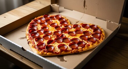 Delicious heart shaped pepperoni pizza baked to perfection inside an open cardboard pizza box