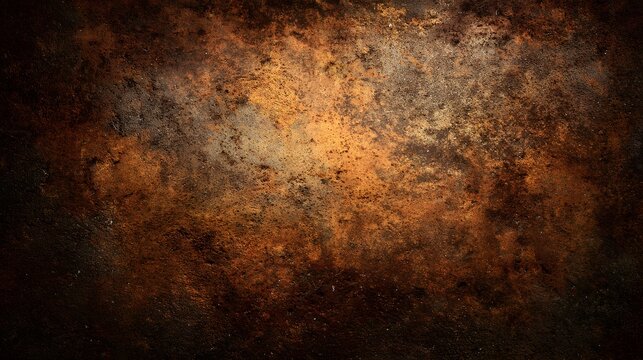Distressed metallic surface exhibits rich tones of oxidized copper and deep brown.