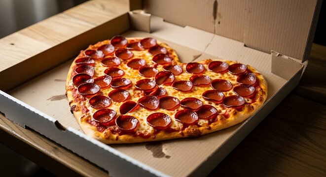 Delicious heart shaped pepperoni pizza baked to perfection inside an open cardboard pizza box