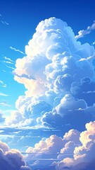 An anime-style illustration of a sunny sky filled with fluffy, white clouds and patches of soft, light-pink hues at sunrise/sunset