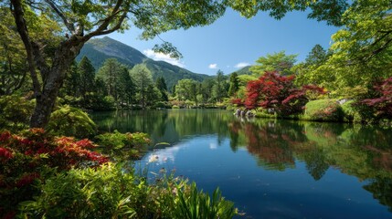 Fototapeta premium A serene Japanese garden with a pond, colorful trees, and a mountain in the background.