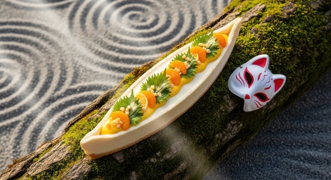 Japaneese cheesecake Exquisite Japanese-inspired dessert shaped like a boat, garnished with citrus and herbs, placed on mossy wood next to a small white kitsune fox mask.