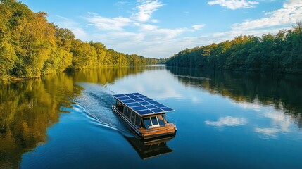 Naklejka premium Eco-friendly solar-powered boat cruises a tranquil river bordered by vibrant autumn trees under a bright blue sky.