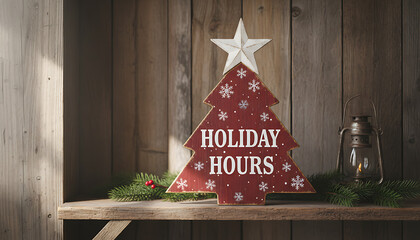 Rustic wooden christmas tree decoration with holiday hours message displayed on weathered planks background, Rustic Holiday Business Signage