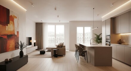 Fototapeta premium Modern open-plan apartment interior with a minimalist living room, kitchen island, and large abstract art.