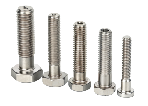 Set of five metal bolts of varying sizes, showcasing threaded shafts and hexagonal bases, ideal for industrial and construction applications and engineering projects.