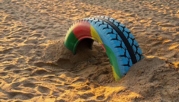 Vibrant Multicolored Painted Recycled Tire Tunnel in Children Playground Half Buried in Golden Sand at Sunset
