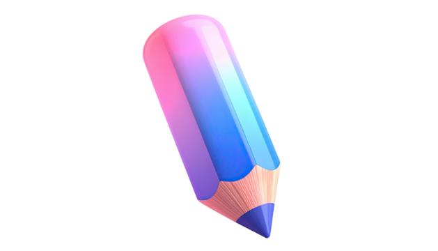 A 3D rendered, shiny, color-gradient pencil, hovering against a black backdrop